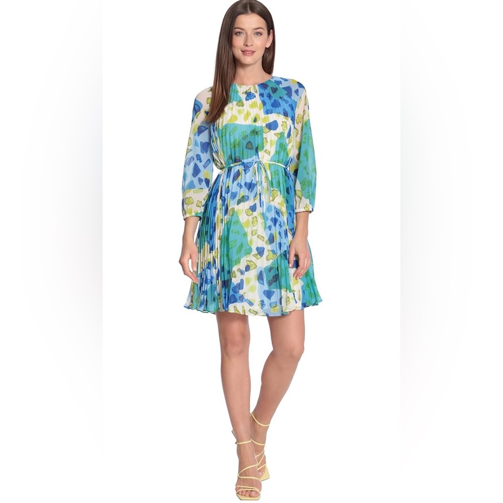 Maggy London Blue Green Multi-Color Long Sleeve Pleated Dress